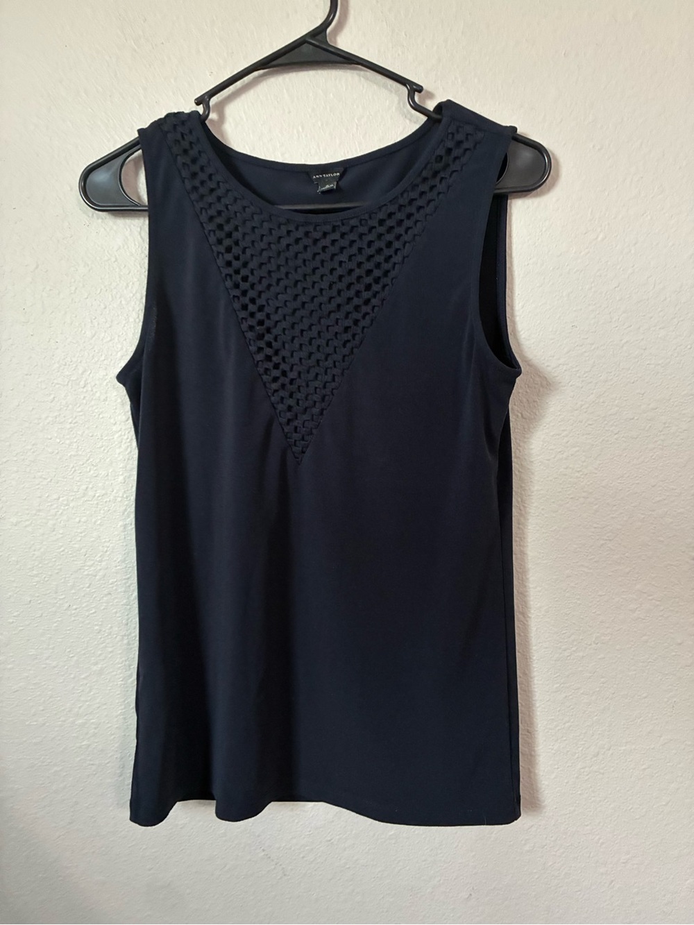 Ann Taylor Sleeveless Navy Top with Crochet V-Panel